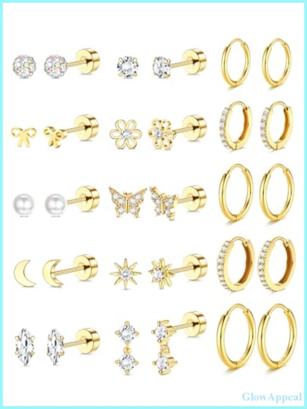 14K Gold Plated Flat Back Earrings Hypoallergenic Surgical Steel Stud Hoop Set